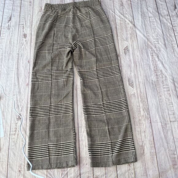 H&M Cream Brown Plaid Wide Leg Elastic Waist Dress Pants Women Size 8 - Picture 2 of 11